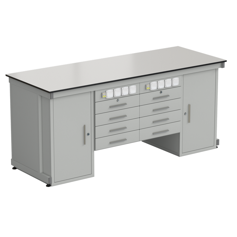 56.0551.00.08 Стол демонстрационный с двумя напольными тумбами, двумя подвесными тумбами, с электрикой 2000х750х900, раб. поверхность - LABGRADE